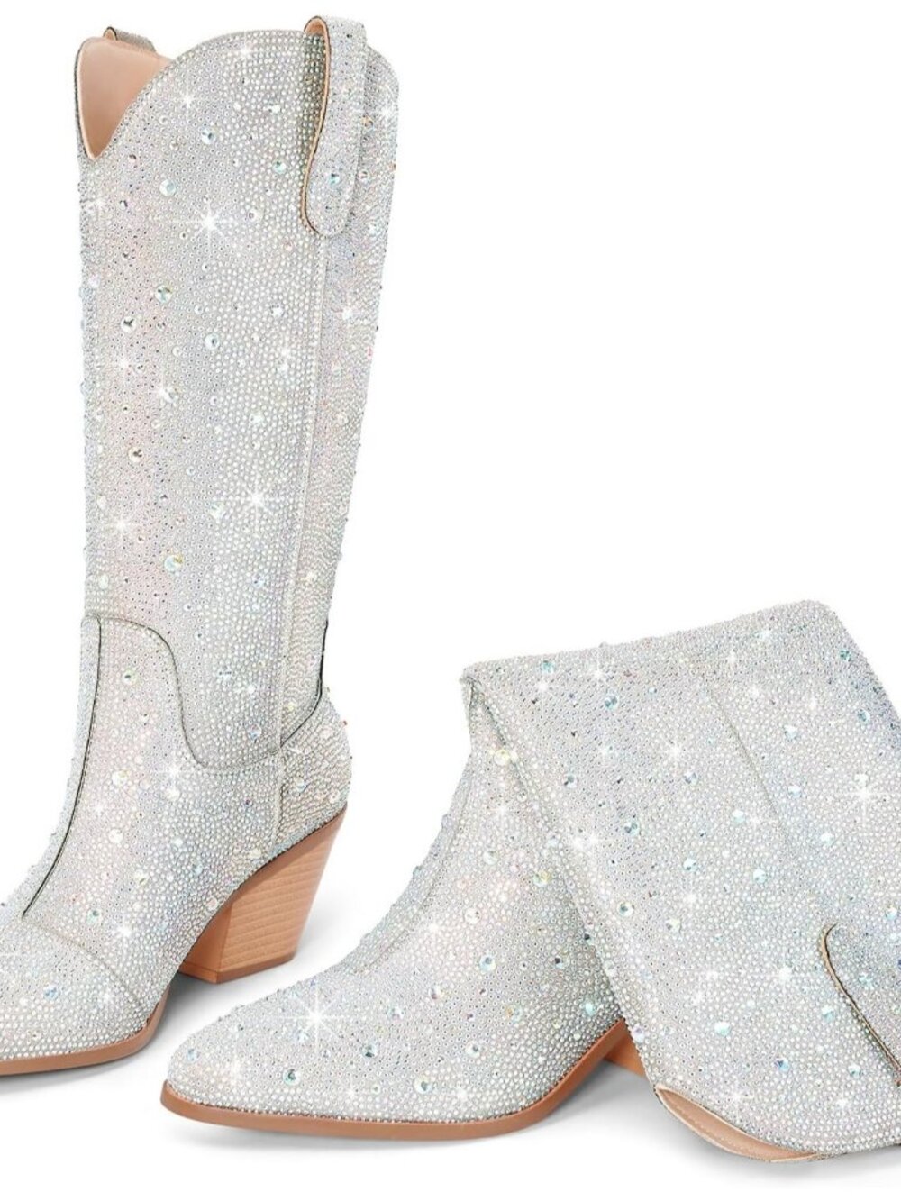 Women's Mid Calf White Western Rhinestone Chunky Heel Fashion Cowgirl Ankle Boot - Picture 5 of 6